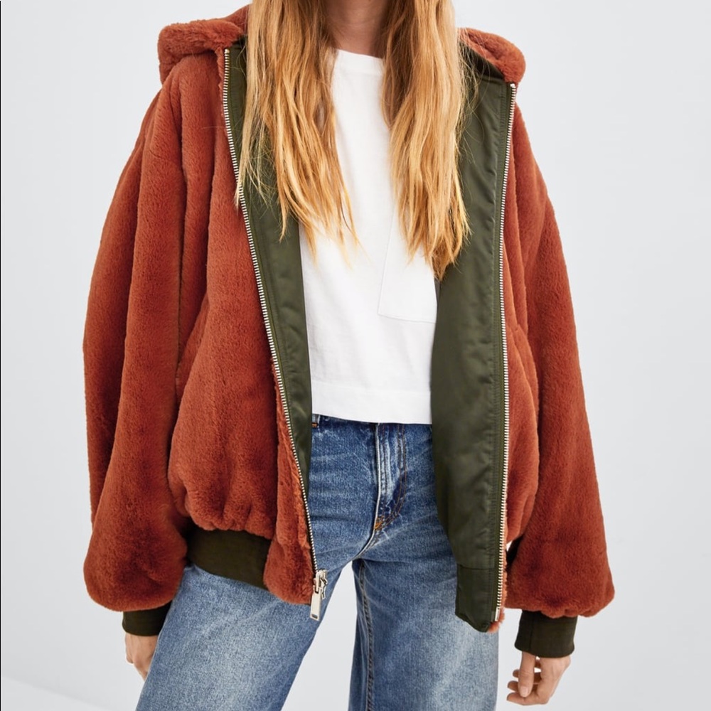 Zara Reversible Faux Fur Teddy Bear Bomber
